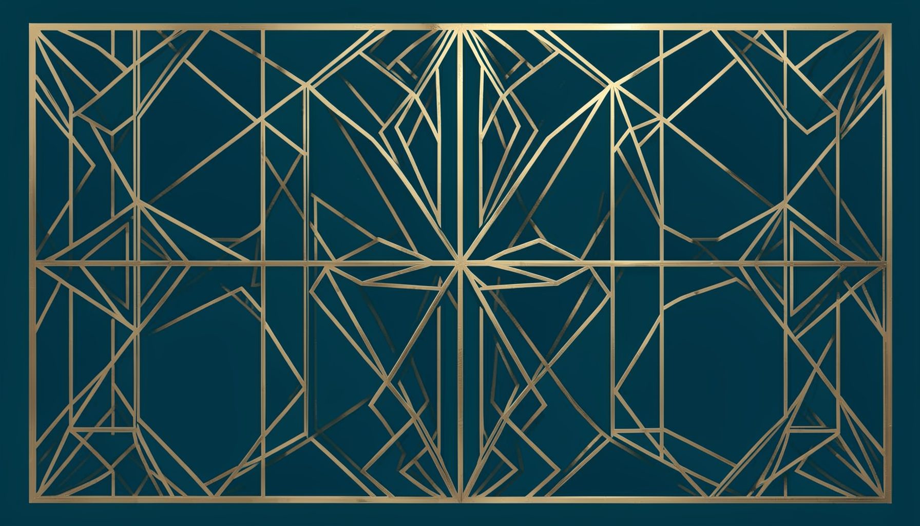Art-deco geometric composition with symmetrical motifs in muted gold and deep teal, framing a gallery-like arrangement