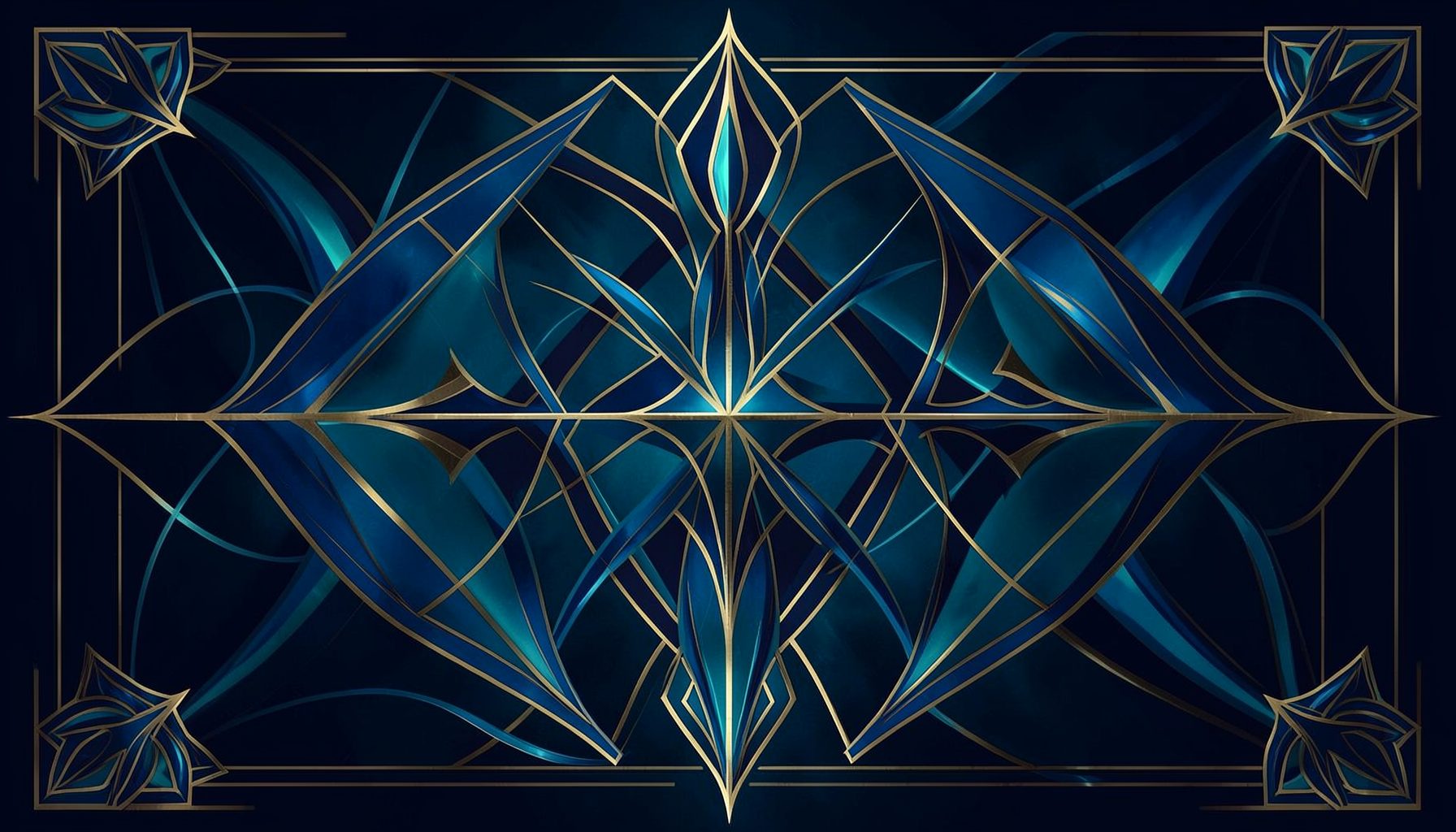 Deep navy and teal abstract composition with subtle golden highlights and a contemplative mood