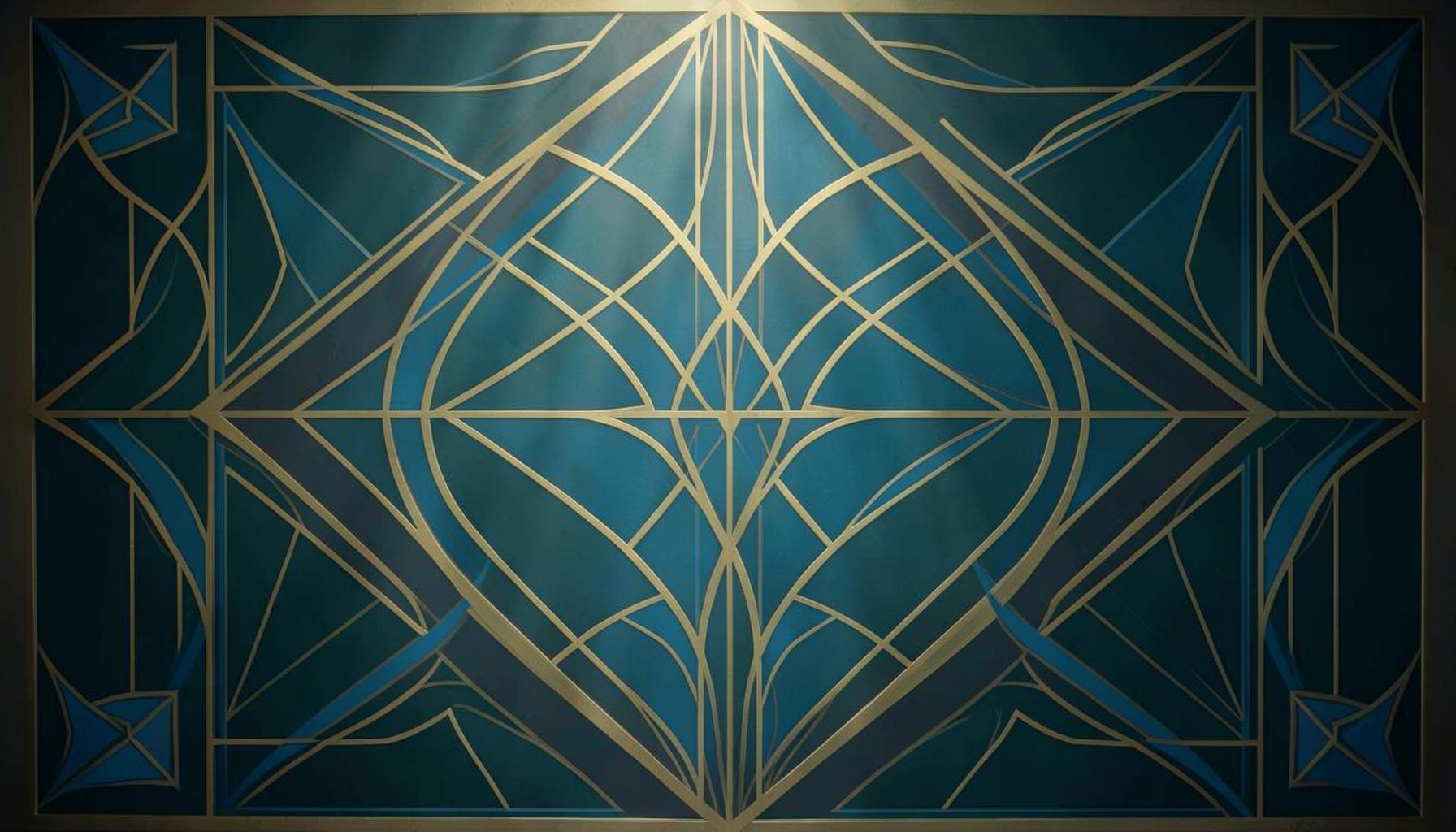 Art-deco geometric composition with symmetrical motifs in muted gold and deep teal, layered with soft atmospheric light