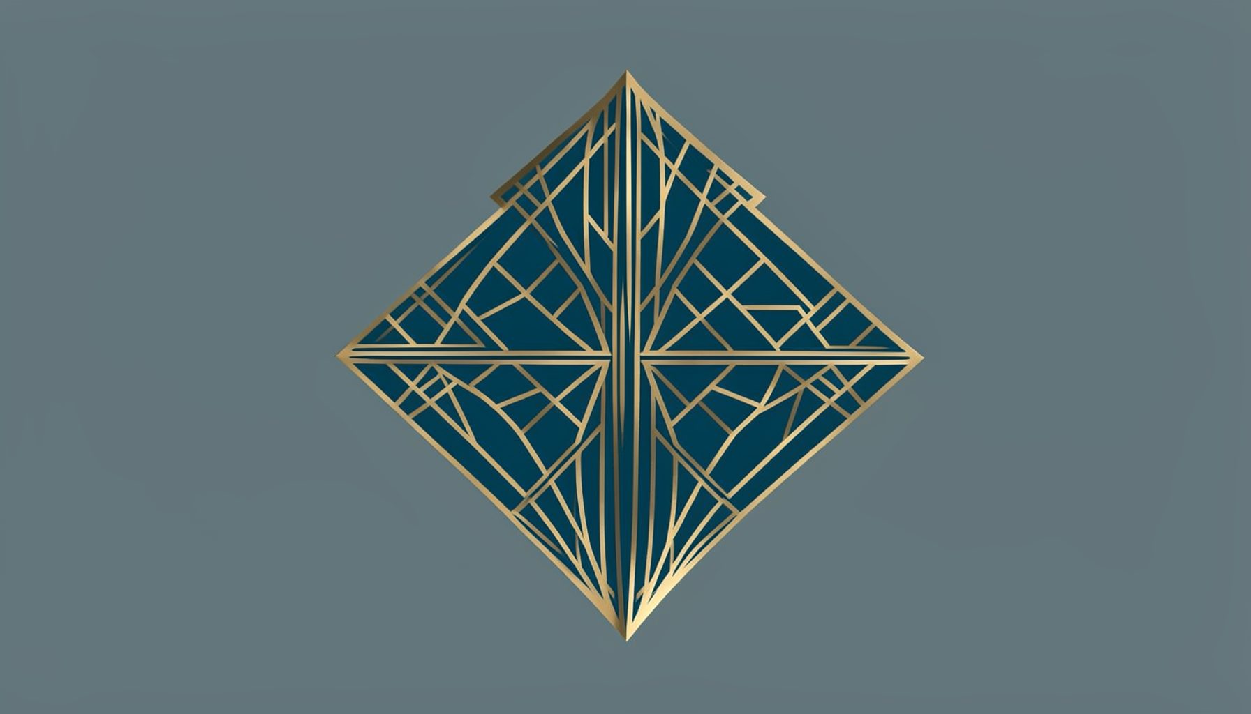 Art-deco geometric emblem with symmetrical motifs in muted gold and teal, centered above the navigation