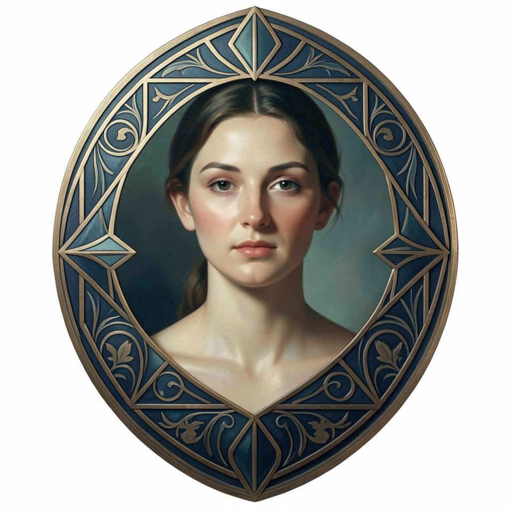 Oval portrait in muted teal and bronze tones, softly lit with a painterly, refined mood